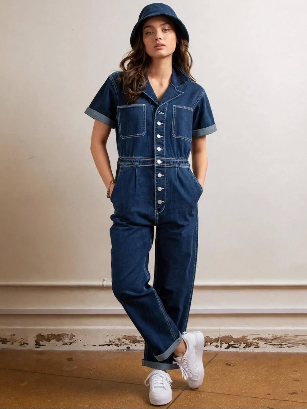 Vintage-Inspired Dark Denim Short Sleeve Coverall Jumpsuit | Size S